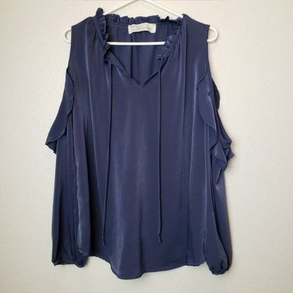 Vintage Havana Navy Open Cold Shoulder Ruffle Collar Size M Polyester Blouse Top - Picture 2 of 3